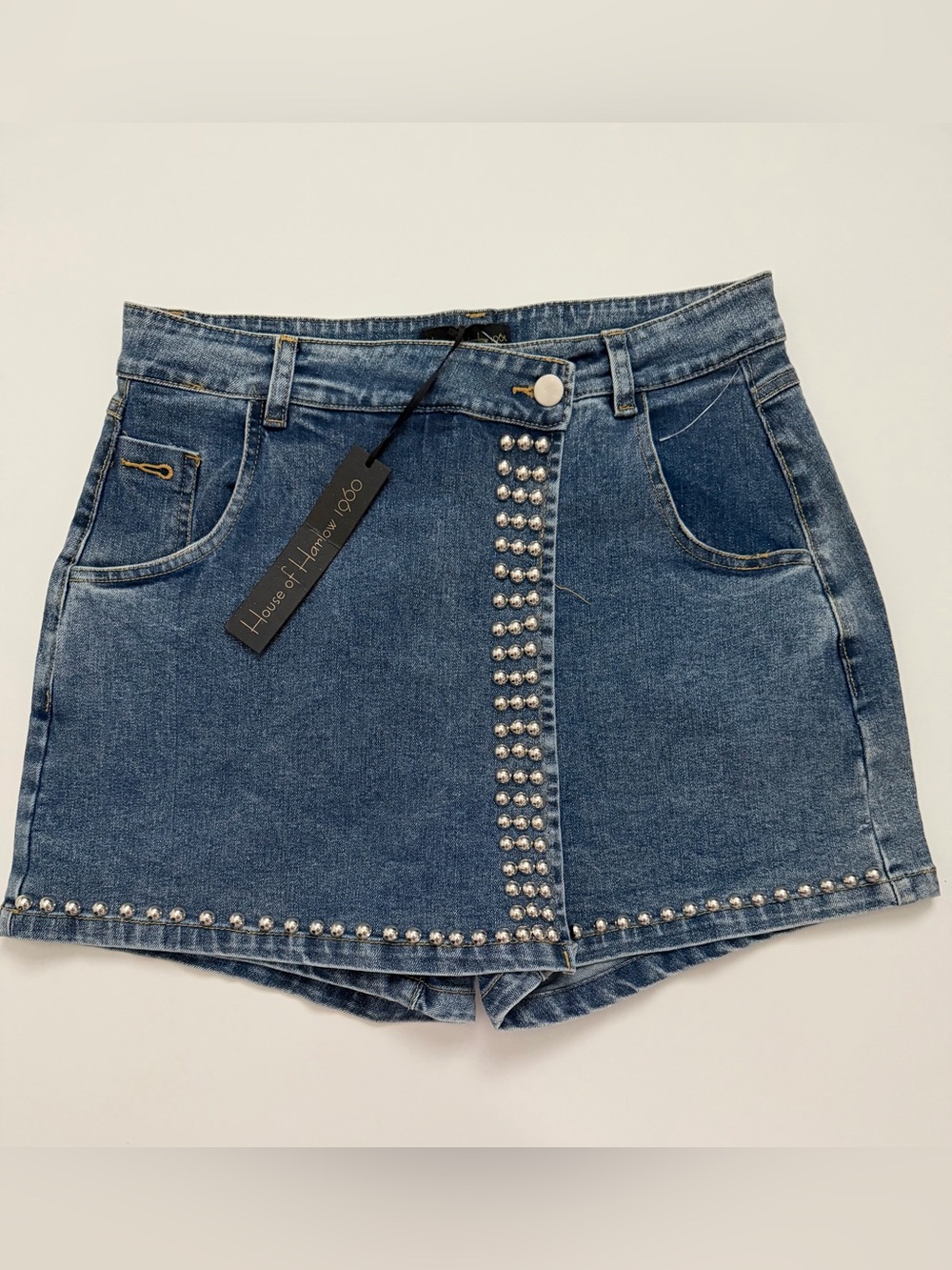 NWT House of Harlow 1960 Blue Denim Skort with Stud Detail